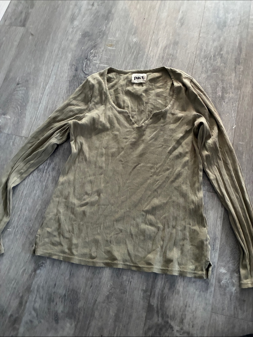 Pact Olive Ribbed V-Neck Long Sleeve Tee